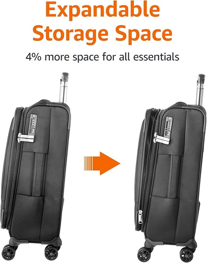 Amazon Basics 20" Luggage, Softside Suitcase With TSA Lock, 8 Spinner Wheels, Front Exterior Pocket, 3 Interior Pockets For Dry and Damp Clothes/Towels Separately, Black