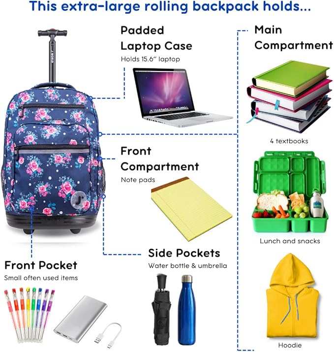 J World Sundance Laptop Rolling Backpack for Girls Boys. Roller Bookbag with Wheels, Navy Rose