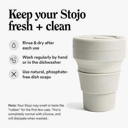 STOJO Collapsible Travel Cup - Reusable To-Go Pocket Size Silicone Bottle for Hot and Cold Drinks - Perfect for Camping - Microwave & Dishwasher Safe (Oat, 12 Ounce (Pack of 1) - No Straw)