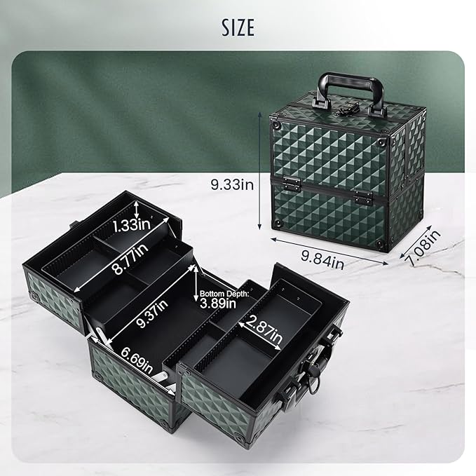 FRENESSA Makeup Case Makeup Box Cosmetic Train Cases Portable Make Up Artist Travel Case Storage Box 4 Trays with Dividers Lockable Hard Makeup Box Craft Nail Kits Case Drak Green