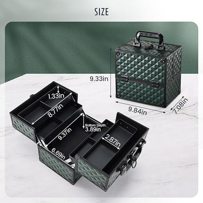 FRENESSA Makeup Case Makeup Box Cosmetic Train Cases Portable Make Up Artist Travel Case Storage Box 4 Trays with Dividers Lockable Hard Makeup Box Craft Nail Kits Case Drak Green
