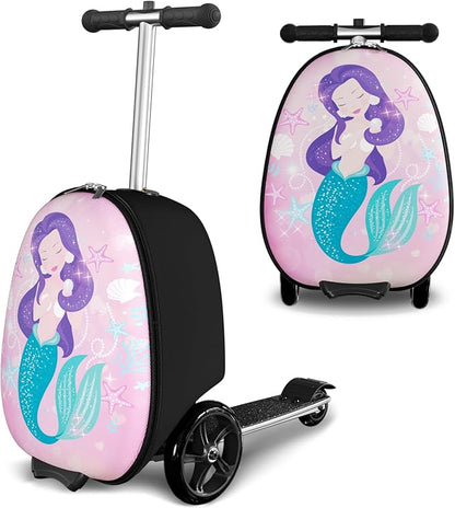 Scooter Suitcase for Kids, 2 in 1 Ride-on Luggage with Flash PU Wheels, Adjustable Handle & TPR Non-Slip Grip, Foldable & Lightweight, Ages 5-12