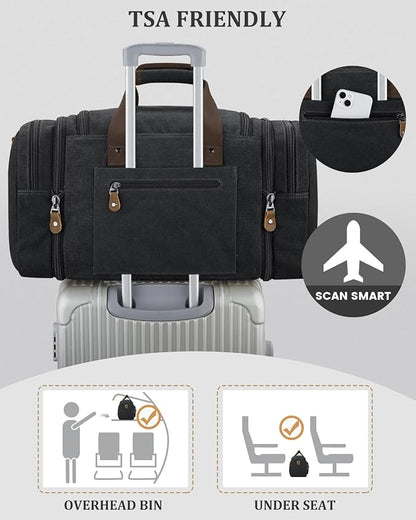 Gonex Canvas Duffle Bag for Travel, Expandable Water Resistant 60L Carry on Duffel Overnight Weekender Gym Bag with Wet Dry Separation Pocket & Suitcase Handle Sleeve, Dark Grey