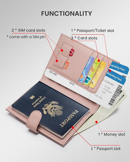 RFID Passport Holder Travel Wallet for Women, Leather Passport Cover Wallet with Card Holders SIM Slots,Zippered Coins Pocket and Cash Slot Slim Compact Travel Wallet (Pink)