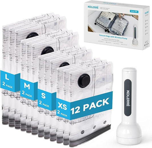 12 Pack Travel Vacuum Seal Bags with Rechargeable Electric Pump, 4 Sizes Space Saver Vacuum Storage Bags for Luggage and Suitcase, Compression Bags for Packing, Travel Vacuum Bags for Clothing