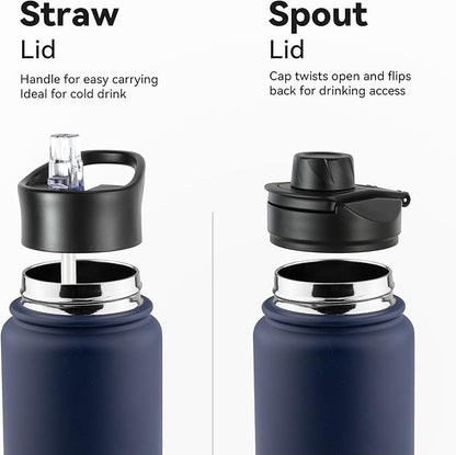 24oz Insulated Water Bottle with Straw Lid, Stainless Steel Metal Water Bottle with Straw & Wide Mouth Lid, Double Wall Vacuum Water Bottle for Hiking Camping, Navy 1 Pack