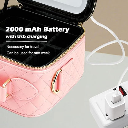 Travel Makeup Bag with Light Up Mirror, Portable Makeup Bag with Led Light Women Waterproof Makeup Travel Case adjustable dividers Rechargeable Vanity Mirror with 3 Color Lights