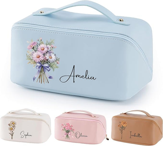 callie Personalized Makeup Bag - Custom Name & Birth Flower, Leather Cosmetic Organizer Bag with Zippers & Handle, Birthday Christmas Travel Gifts for Women