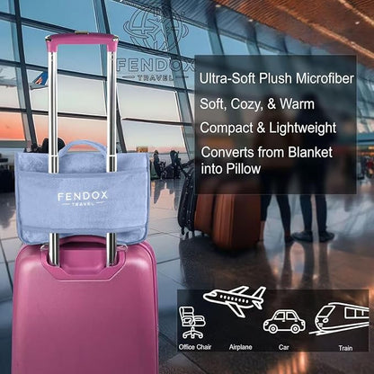 2-in-1 Travel Blanket and Pillow – Lightweight, Compact, Ultra Soft, Machine Washable – Handle, Luggage Sleeve, Backpack Clip – for Travel Airplane, Car, Office (Light Blue)