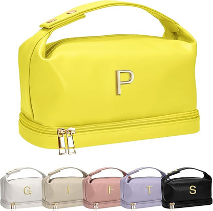 Unique Gifts for Women, Personalized Makeup Bag with Handle, Initial Double Layer Cosmetic Bag with Makeup Brush Organizer, Cute Cosmetic Pouch for Women, Tween Gift Ideas