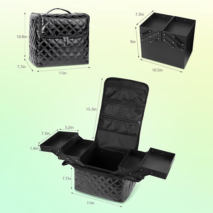 Deciniee Travel Makeup Bag, 4 Trays Large Cosmetic Bag for Woman with Adjustable Dividers, Organizer Bag Waterproof, Travel Essentials Cosmetic Bag, Train Case for Nail Tech Black