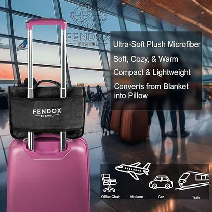 2-in-1 Travel Blanket and Pillow – Lightweight, Compact, Ultra Soft, Machine Washable – Handle, Luggage Sleeve, Backpack Clip – for Travel Airplane, Car, Office (Black)