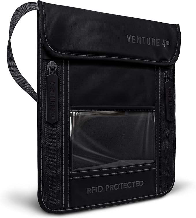 VENTURE 4TH Neck Wallet, RFID Blocking Passport Holder for Travel – Hidden Neck Pouch with 5 Compartments, Slim Lightweight Organizer with Adjustable Strap for Cash, Cards & Passport (Sleek Black)