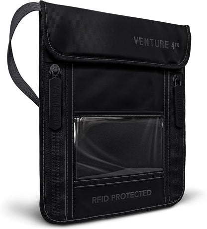 VENTURE 4TH Neck Wallet, RFID Blocking Passport Holder for Travel – Hidden Neck Pouch with 5 Compartments, Slim Lightweight Organizer with Adjustable Strap for Cash, Cards & Passport (Sleek Black)
