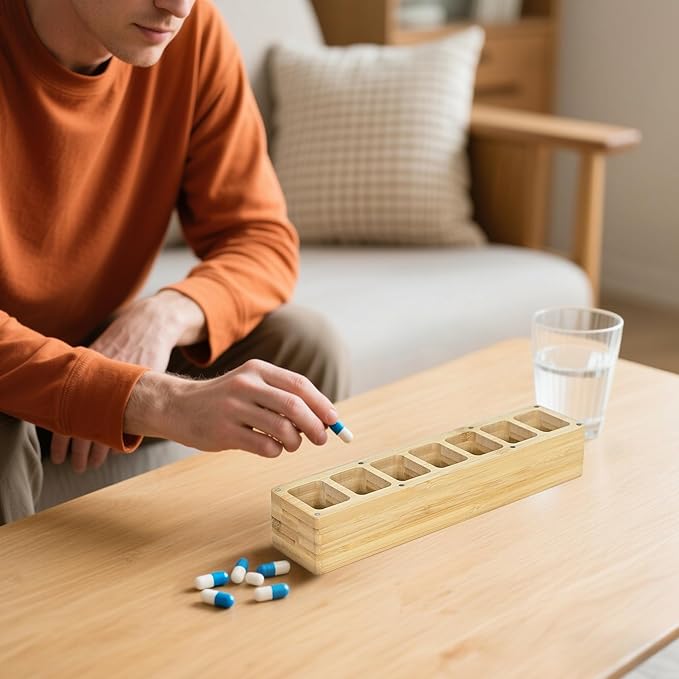 Wood Weekly Pill Organizer, 7 Day Bamboo Tablet Box Vitamin Dispenser, Portable Aesthetic Magnetic Pill Case Container Box for Vitamins Fish Oil Pills or Supplements Daily Travel