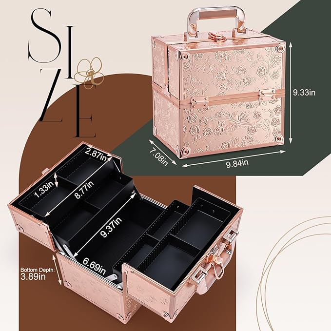 FRENESSA Makeup Train Case Cosmetic Box Portable Makeup Case Organizer 4 Trays Lock Travel Storage Organizer with Dividers Make Up Artist Vanity Hard Nail Spa Beauty Box Rose Gold Floral