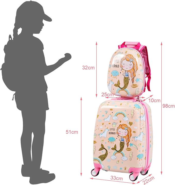 KOTEK Kids Carry On Luggage Set, 18" Hardside Rolling Suitcase with Spinner Wheels, Travel Rolling Luggage for Boys Girls (Mermaid)…