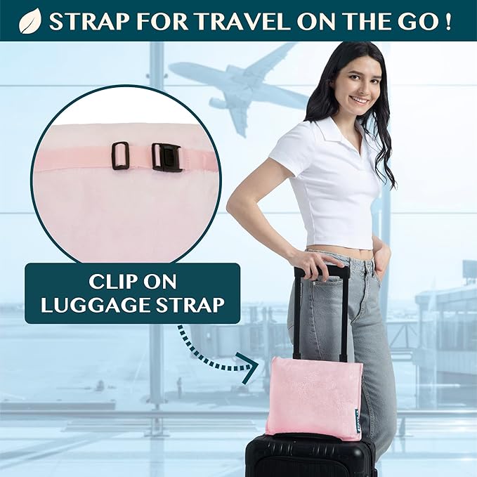 PAVILIA Travel Blanket Pillow, Soft Airplane Blanket 2-in-1 Combo Set, Plane Blanket Compact Packable, Flight Essentials Car Pillow, Travelers Gifts Accessories, Luggage Backpack Strap, 60x43 Pink