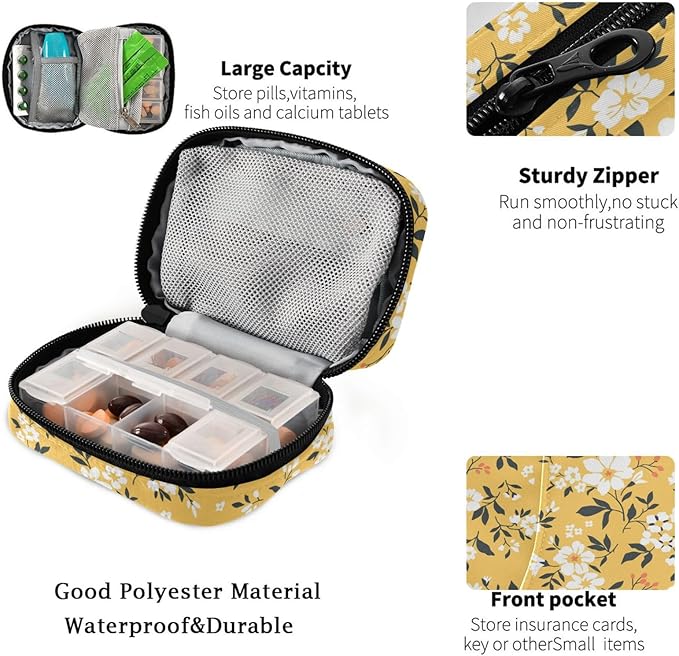 Fustylead Travel Pill Organizer Case Zipper for Purse with Removable Weekly Pill Box for Medicine, Vitamin, Supplement Medicine Organizer (White Floral)