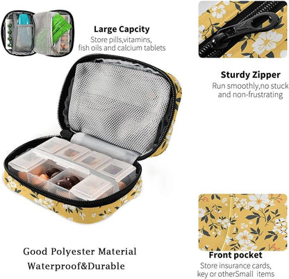 Fustylead Travel Pill Organizer Case Zipper for Purse with Removable Weekly Pill Box for Medicine, Vitamin, Supplement Medicine Organizer (White Floral)