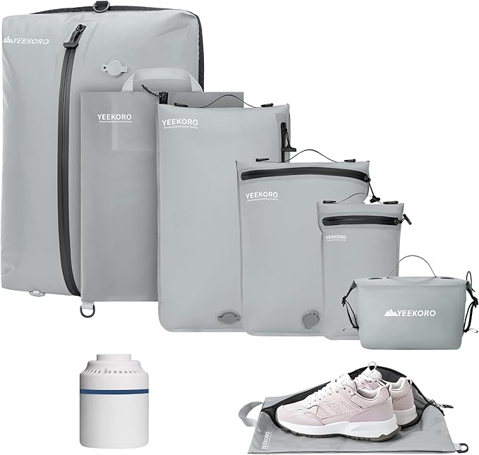 6 Set Vacuum Bags for Travel, Professional IPX8 Reusable Organizer, Compression Packing cube for Suitcases, Durable Seal Space Saver Bags -Traveling/Skiing Essentials (with Pump)