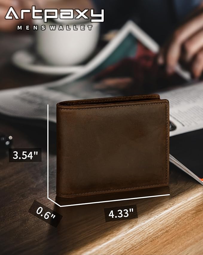 Mens Wallet Genuine Leather Bifold RFID Blocking Wallet for Men with 1 ID Window 13 Card Holders 2 cash pockets 1 Gift Box