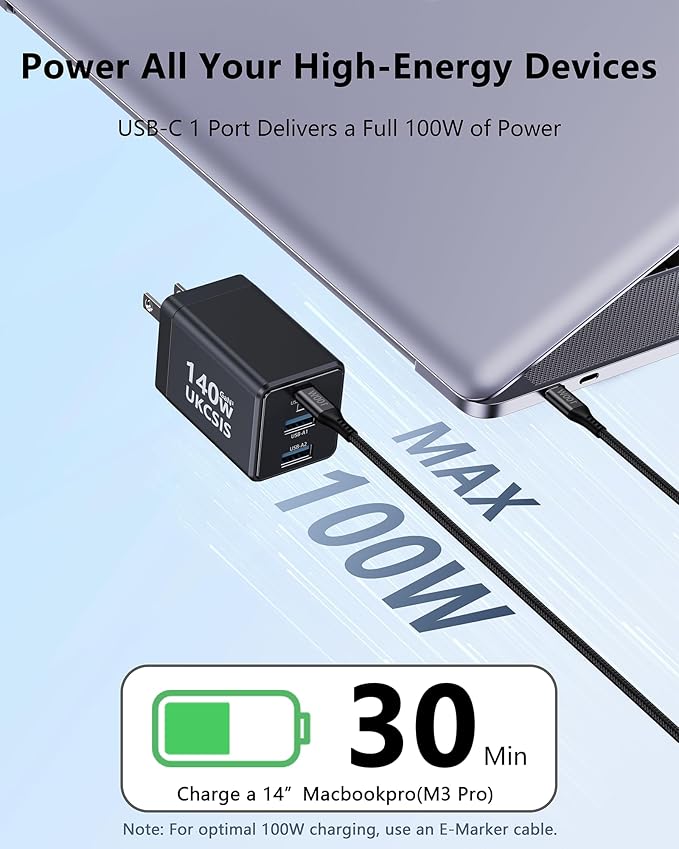 140W USB C Charger Block, Foldable 3-Port Multi-Device Fast Charger USB C Power Adapter for MacBook pro/Air, Dell, Samsung Galaxy, iPad Pro, and More (Black)