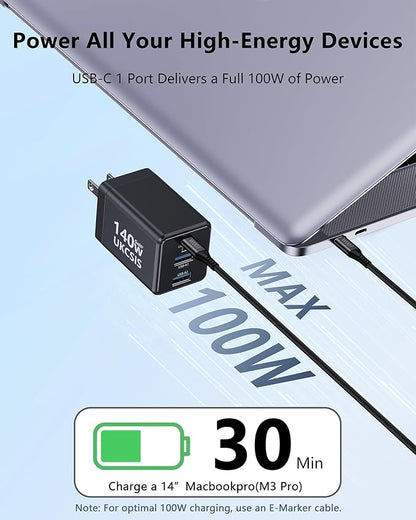 140W USB C Charger Block, Foldable 3-Port Multi-Device Fast Charger USB C Power Adapter for MacBook pro/Air, Dell, Samsung Galaxy, iPad Pro, and More (Black)