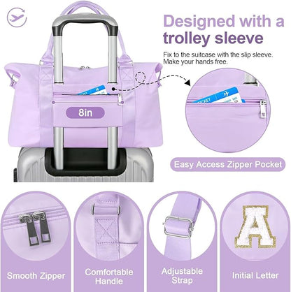 Dance Gym Duffel Bag for Teen Girls, Personalized Initial Travel Weekender Bag,Cute Overnight Carry On Duffle for Women,Sports Travel Cheer Bag,Monogram Christmas Gifts for Tween Preppy(purple-A)