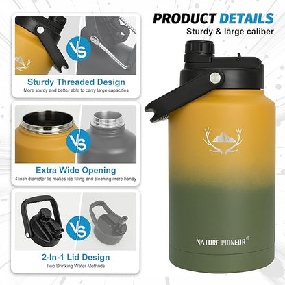 NATURE PIONEOR One Gallon Water Bottle Insulated - Large Double Vacuum Stainless Steel 128 oz Water Bottle with Holder/Carrier, 1 Gallon Water Jug,128oz, Wide Mouth