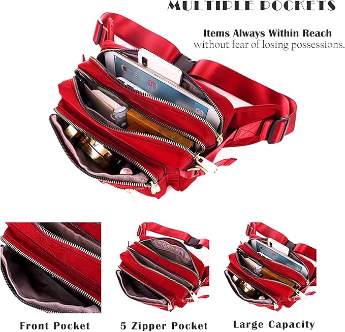 Extra Large Fashion Fanny Pack for Men Women, Waist Bag for Waterproof Hiking Running Biking Gym Outdoor Sports Travel Belt Bag (Red)