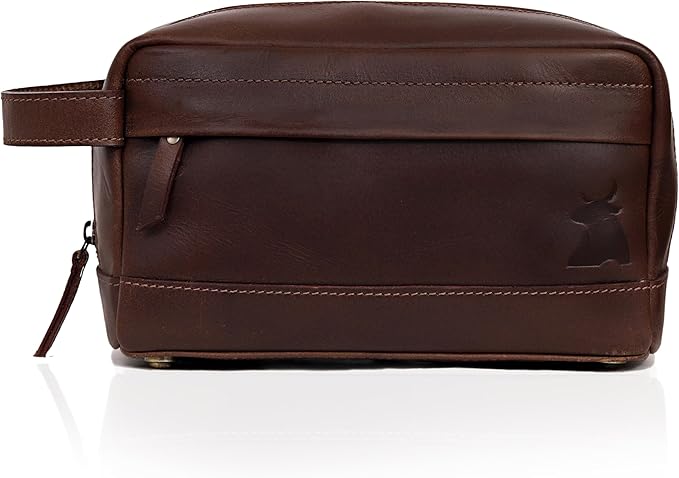 Leather Farm Premium Buffalo Leather Toiletry Bag for Men & Women - Dopp Kit With Water Resistant Lining, Shaving Pouch, Unisex Wash Bag For Toiletries, Gifts For Men and Women - Dark Brown