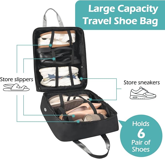 ZHIERNA Shoe Bags for Travel with Handle, Travel Shoe Bags for Packing, Portable Shoes Storage Bag Organizer, Travel Luggage Shoe Bag for Women Men Holds 6 Pair of Shoes (Black)