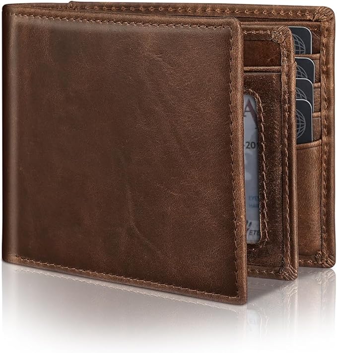 Mens Genuine Leather Bifold RFID Blocking Wallet with 14 Card Slots, ID Window & 2 Cash Pocket - Includes Gift Box