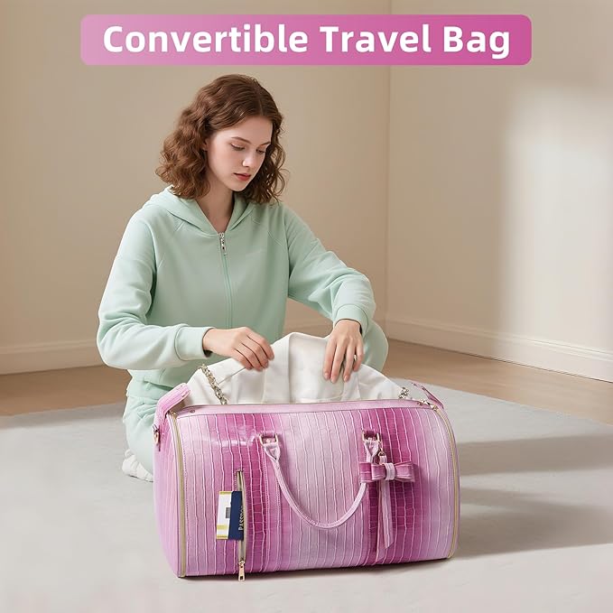 Convertible Garment Duffle Bag for Women, Foldable 2-in-1 Carry On Travel Bag with Shoe Compartment & Toiletry Pocket, PU Leather Stylish Garment Bags for Business Trip, Vacation, Pink-White