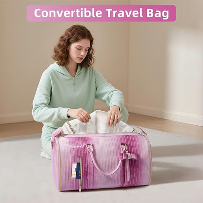 Convertible Garment Duffle Bag for Women, Foldable 2-in-1 Carry On Travel Bag with Shoe Compartment & Toiletry Pocket, PU Leather Stylish Garment Bags for Business Trip, Vacation, Pink-White