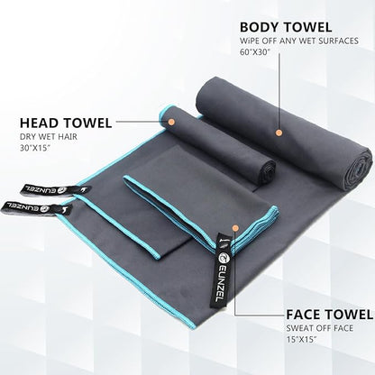 Eunzel 2 Set Quick Dry Camping Towel, Microfiber Travel Towel Super Absorbent Fast Drying Towel for Camping, Beach, Gym, Backpacking & Swimming(Two 3-Piece Towel Sets, Army Green/Grey)