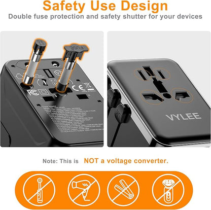 Universal Travel Adapter, VYLEE 45W International Plug Adapter with PD Fast Charging, 5-Port (1 AC/1 USB-A/3 USB-C), Wall Charger Worldwide Travel Essentials Plug for USA EU UK AUS Japan (Black)