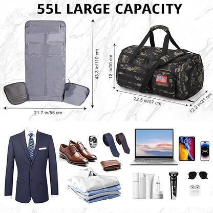 3-in-1 Tactical Garment Bag For Men,55L Large Capacity Convertible Suit Bag,Garment Bags For Hanging Clothes With Shoes Compartment, Multi-Functional Suit Bag For Travel Business