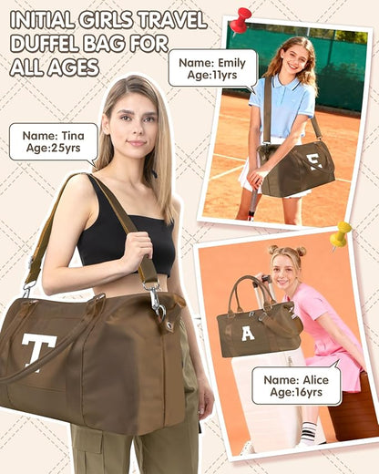 Birthday Graduation Gifts for Daughter,Initial Travel Duffel Bag Sports Gym Bag for Girls Teen Kids Birthday Gifts,Personalized Weekender Bag Carry On Tote Bags Cute Overnight Bag for Women(Brown, A)