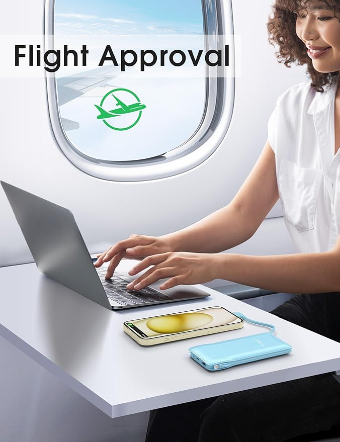 TG90° 10000mAh Power Bank with Built-in AC Wall Plug and Cables, Ultra Slim Phone External Battery Pack Portable Charger Compatible with iPhone and Android Devices