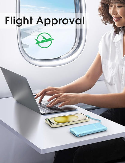 TG90° 10000mAh Power Bank with Built-in AC Wall Plug and Cables, Ultra Slim Phone External Battery Pack Portable Charger Compatible with iPhone and Android Devices