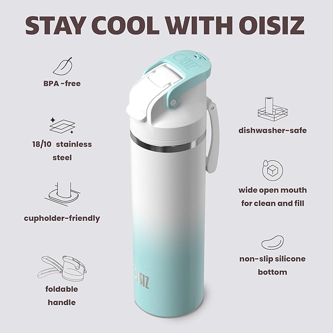 OISIZ Insulated Water Bottle 24 oz with 2 in 1 Spout and Straw Lid,One Click Safety Lock,100% Leakproof,Keep Cold 24H,Vacuum Stainless Steel Water Bottle for School,Travel and Sports,Dishwasher Safe