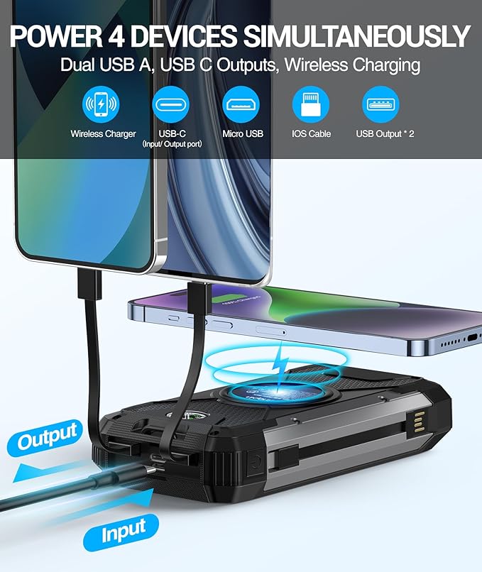 Solar Charger Power Bank -38600mAh Solar Phone Charger Built in 3 Cables Waterproof Outdoor External Battery Pack with 4 Outputs 2 Inputs USB C 15 W Powerbank with Camping Light Compass