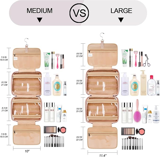 Travel Hanging Toiletry Bag for Women, Extra Large Makeup Bag, Holds Full-Size Shampoo, with Jewelry Organizer Compartment, Waterproof Cosmetic Bag, Toiletries Kit Set with Trolley Belt, Baby Pink