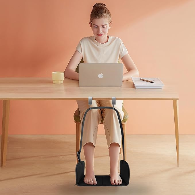 Airplane Foot Rest, Office Footrest Under Desk with 4 Hooks, Widen Airplane Footrest Flight Hammock Memory Foam Travel Foot Sling for Work Gaming Travel Essentials, Black