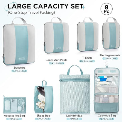 8 Set Compression Packing Cubes for Travel Essentials,Compressible Expandable Packing Cubes for Suitcase,OlarHike Luggage Organizer Bags for Travel,Handy Helper for Organizing Clothes(Blue Gray)