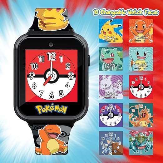 Pokémon Interactive Kids Smartwatch – Touchscreen Watch with Games, Camera, Voice Recorder, Step Tracker, Alarm & Timer – 10 Pokémon Watch Faces, USB Rechargeable – Fits Wrists 5.5" to 8"