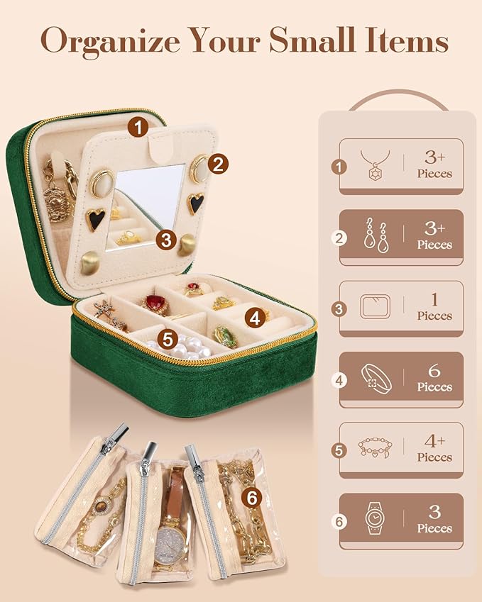 Bistup Travel Jewelry Case - Small Jewelry Organizers and Storage Box for Women Girls Teens Cute Traveling Jewelry Holder with Mirror Little Tiny Compact Modern Unique Aesthetic Pretty, Geen