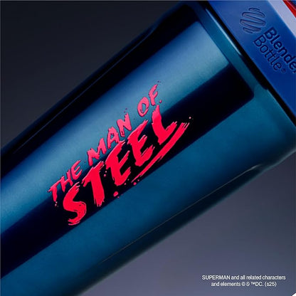 BlenderBottle Superman Strada Shaker Cup Insulated Stainless Steel Water Bottle with Wire Whisk, 24-Ounce, Man of Steel - Blue